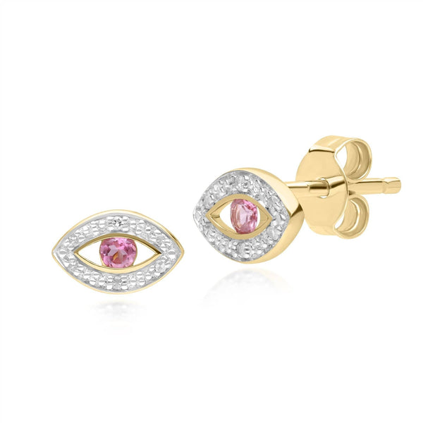 gemondo ECFEW™ Dainty Evil Eye Pink Tourmaline & Diamond Stud Earrings in 9ct Yellow Gold