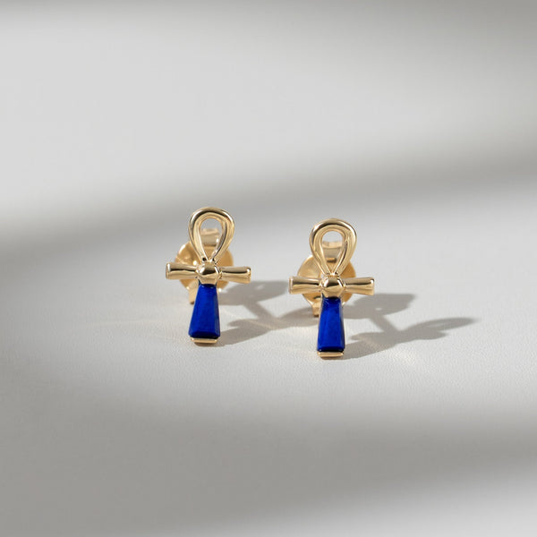 Gemondo ECFEW™ Lapis Lazuli Ankh Stud Earrings In 9ct Yellow Gold
