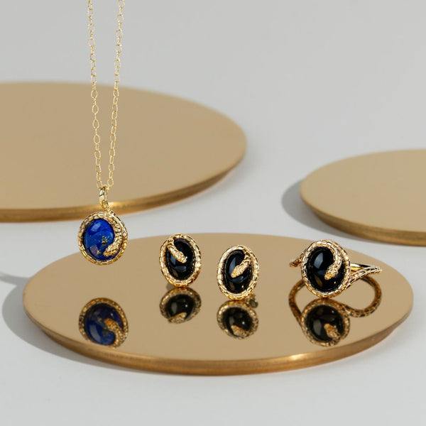 Gemondo ECFEW™ Oval Lapis Lazuli Winding Snake Pendant Necklace In Gold Plated Sterling Silver