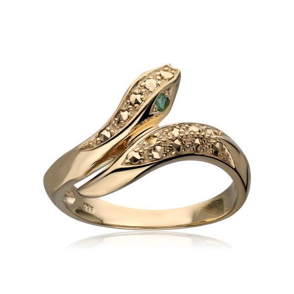 Gemondo Emerald Eyes Marcasite Snake Ring In Gold Plated Sterling Silver