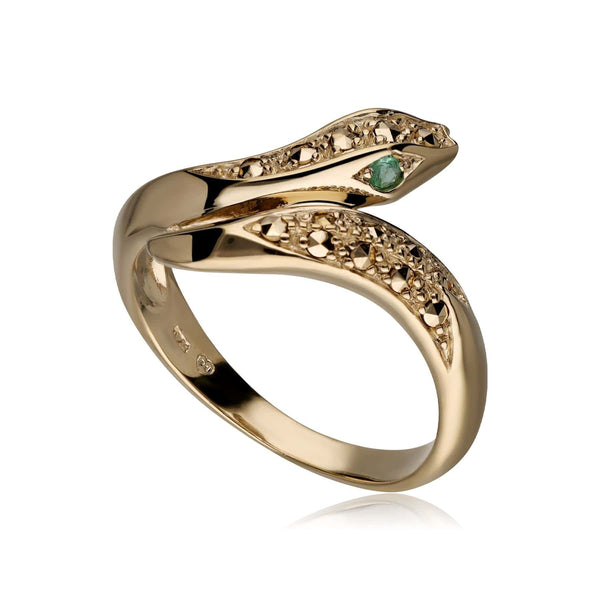gemondo Emerald Eyes Marcasite Snake Ring in Gold Plated Sterling Silver