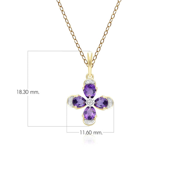 Gemondo Floral Amethyst & Diamond Pendant Necklace In 9ct Yellow Gold