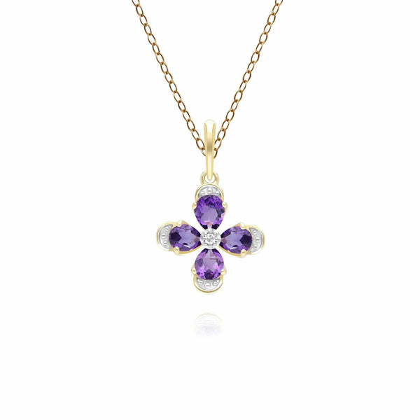 gemondo Floral Amethyst & Diamond Pendant Necklace in 9ct Yellow Gold