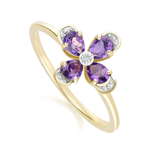 Gemondo Floral Amethyst & Diamond Ring In 9ct Yellow Gold
