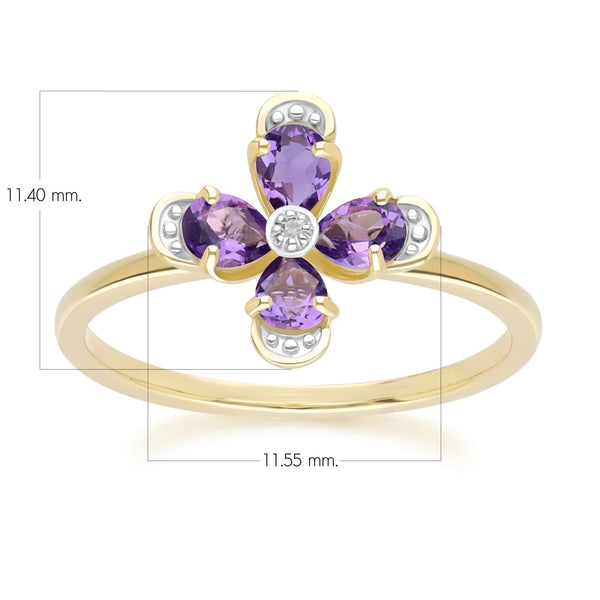 Gemondo Floral Amethyst & Diamond Ring In 9ct Yellow Gold