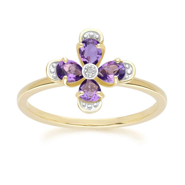 gemondo Floral Amethyst & Diamond Ring in 9ct Yellow Gold