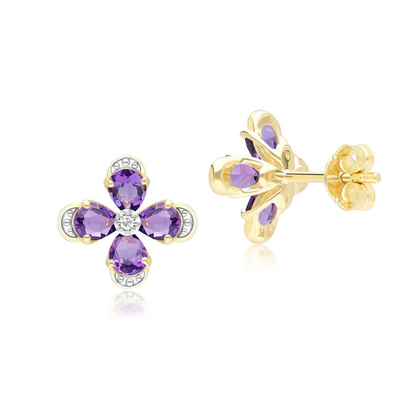 Gemondo Floral Amethyst & Diamond Stud Earrings In 9ct Yellow Gold