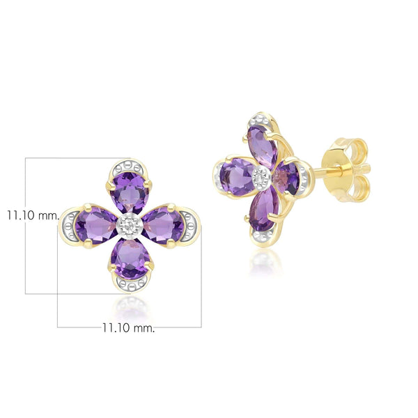 Gemondo Floral Amethyst & Diamond Stud Earrings In 9ct Yellow Gold