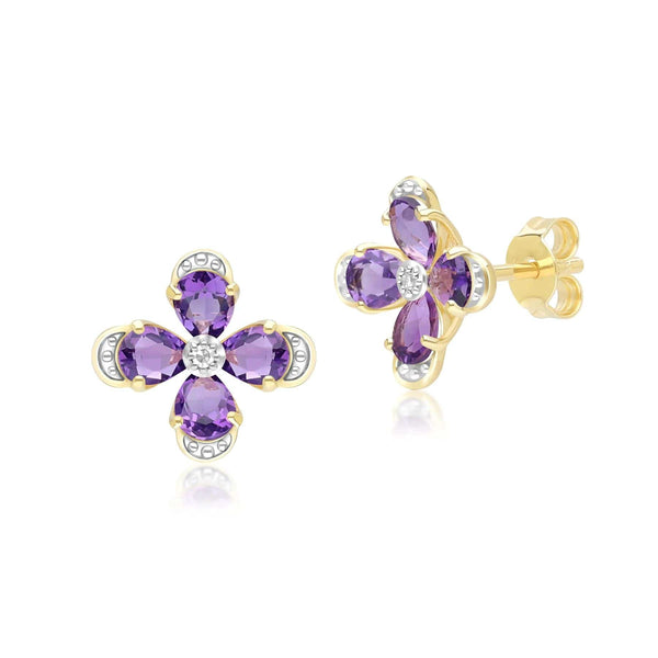 gemondo Floral Amethyst & Diamond Stud Earrings in 9ct Yellow Gold