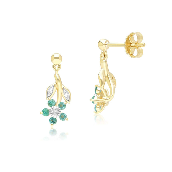 Gemondo Floral Emerald & Diamond Drop Earrings In 9ct Yellow Gold