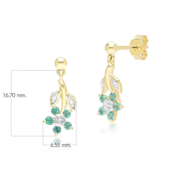 Gemondo Floral Emerald & Diamond Drop Earrings In 9ct Yellow Gold