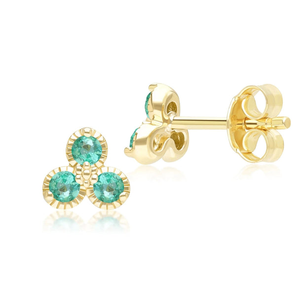 Gemondo Floral Emerald Three Stone Stud Earrings In 9ct Yellow Gold