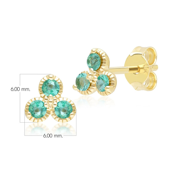 Gemondo Floral Emerald Three Stone Stud Earrings In 9ct Yellow Gold
