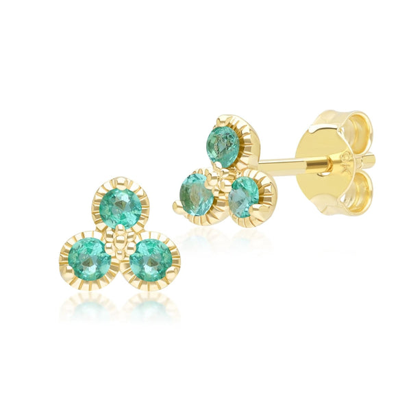 gemondo Floral Emerald Three Stone Stud Earrings in 9ct Yellow Gold