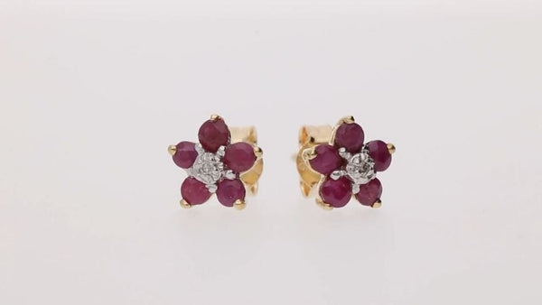 Gemondo Floral Five Round Ruby & Diamond Cluster Stud Earrings In 9ct Yellow Gold