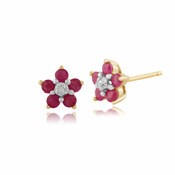 gemondo Floral Five Round Ruby & Diamond Cluster Stud Earrings in 9ct Yellow Gold