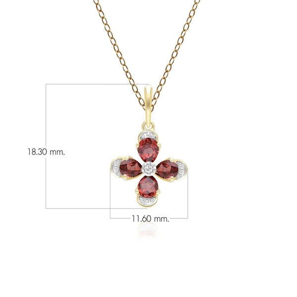 Gemondo Floral Garnet & Diamond Pendant Necklace In 9ct Yellow Gold