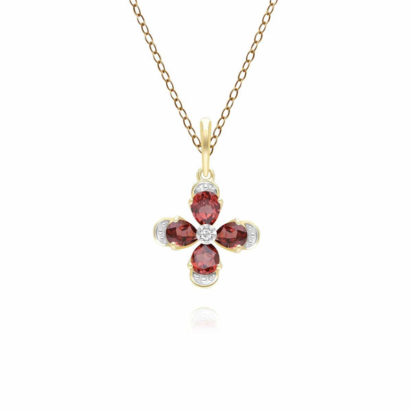 gemondo Floral Garnet & Diamond Pendant Necklace in 9ct Yellow Gold