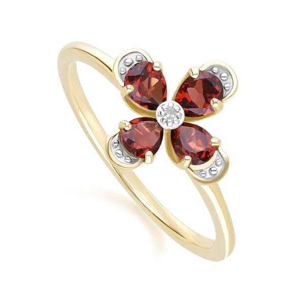 Gemondo Floral Garnet & Diamond Ring In 9ct Yellow Gold