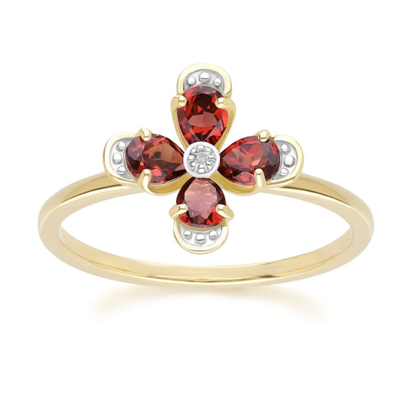 gemondo Floral Garnet & Diamond Ring in 9ct Yellow Gold