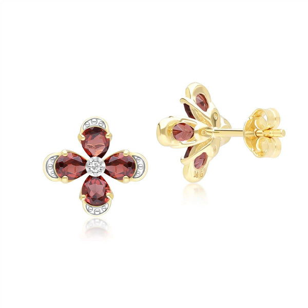 Gemondo Floral Garnet & Diamond Stud Earrings In 9ct Yellow Gold