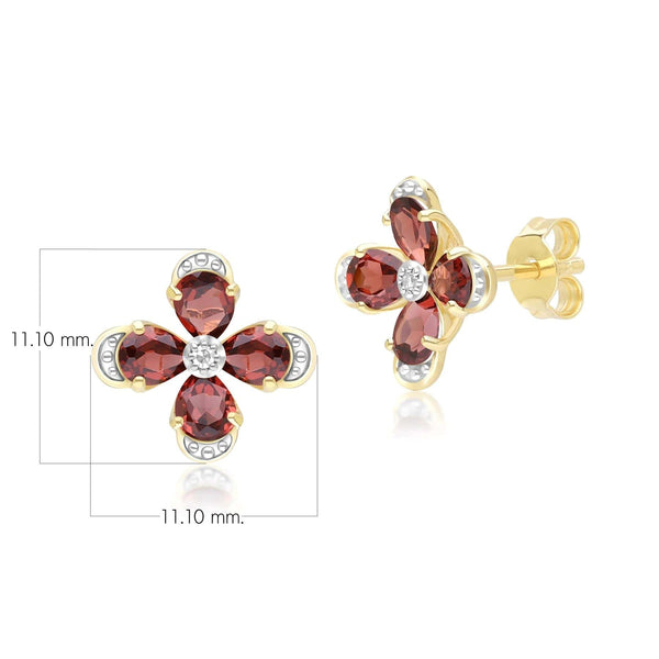 Gemondo Floral Garnet & Diamond Stud Earrings In 9ct Yellow Gold