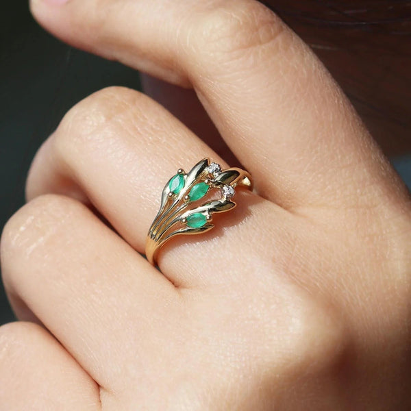 Gemondo Floral Marquise Emerald & Diamond Ring In 9ct Yellow Gold