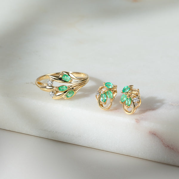 Gemondo Floral Marquise Emerald & Diamond Ring In 9ct Yellow Gold