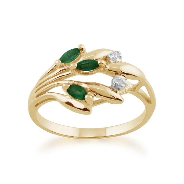 Gemondo Floral Marquise Emerald & Diamond Ring In 9ct Yellow Gold