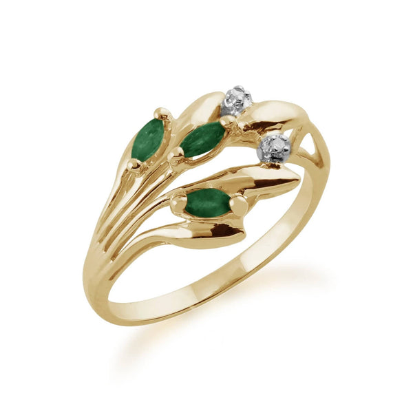gemondo Floral Marquise Emerald & Diamond Ring in 9ct Yellow Gold