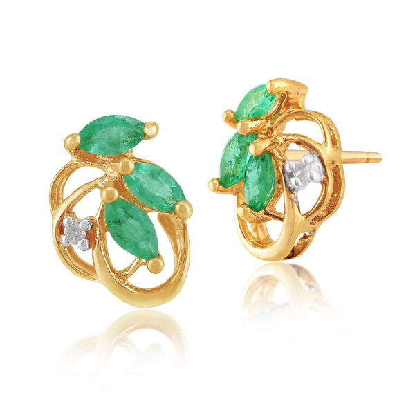 gemondo Floral Marquise Emerald & Diamond Stud Earrings in 9ct Yellow Gold