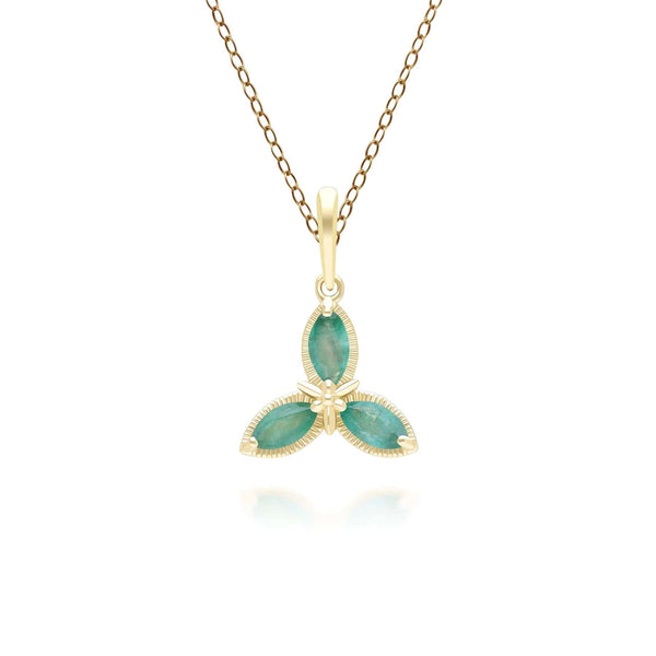 gemondo Floral Marquise Emerald Pendant Necklace in 9ct Yellow Gold