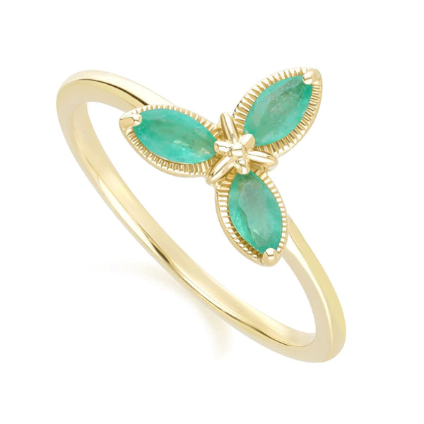 Gemondo Floral Marquise Emerald Ring In 9ct Yellow Gold