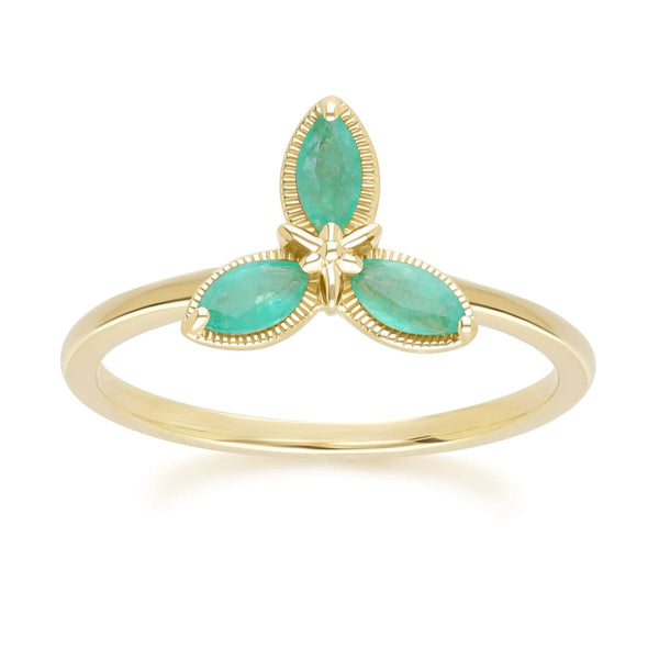 gemondo Floral Marquise Emerald Ring in 9ct Yellow Gold