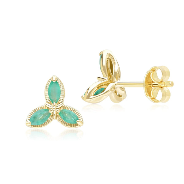 Gemondo Floral Marquise Emerald Stud Earrings In 9ct Yellow Gold