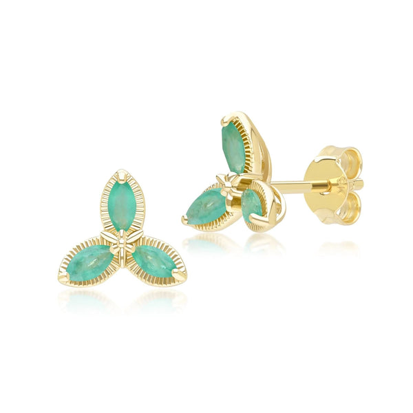 gemondo Floral Marquise Emerald Stud Earrings in 9ct Yellow Gold