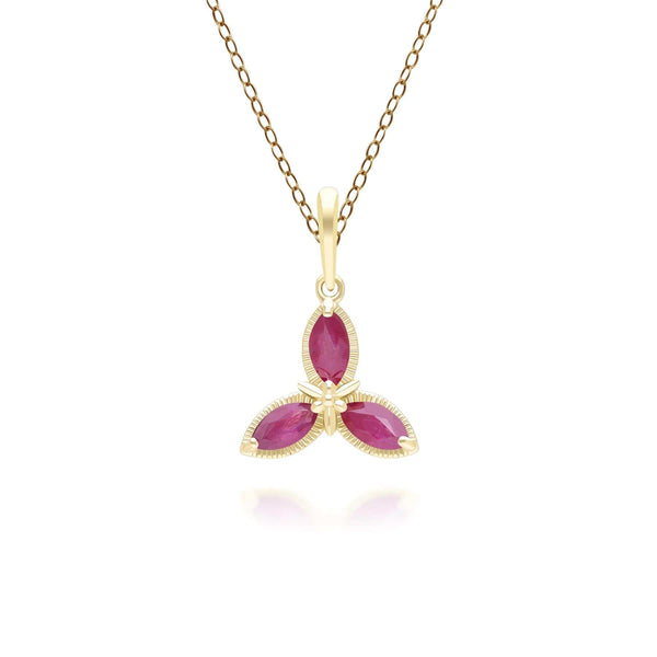 gemondo Floral Marquise Ruby Pendant Necklace in 9ct Yellow Gold