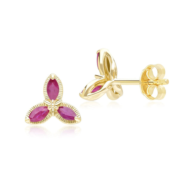 Gemondo Floral Marquise Ruby Stud Earrings In 9ct Yellow Gold
