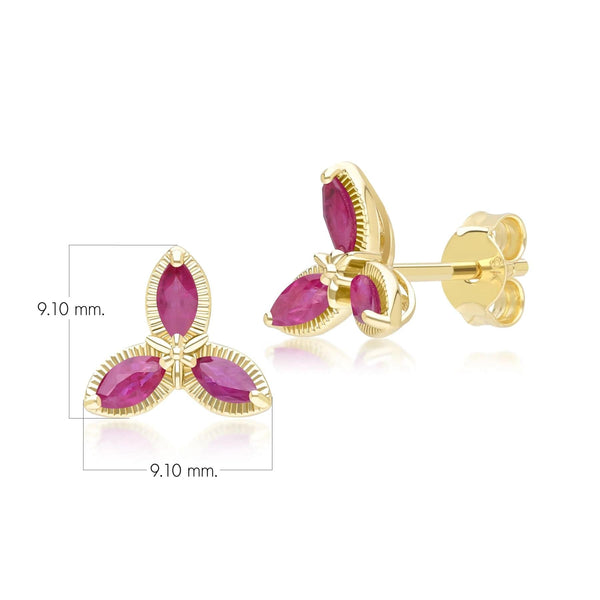 Gemondo Floral Marquise Ruby Stud Earrings In 9ct Yellow Gold