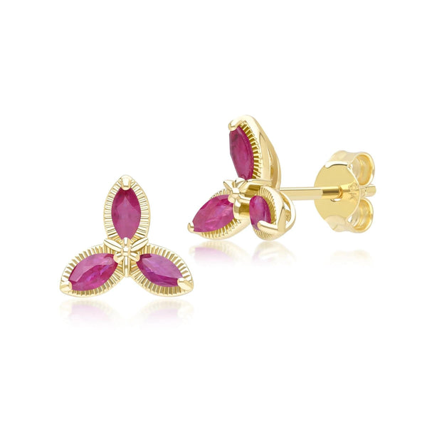 gemondo Floral Marquise Ruby Stud Earrings in 9ct Yellow Gold