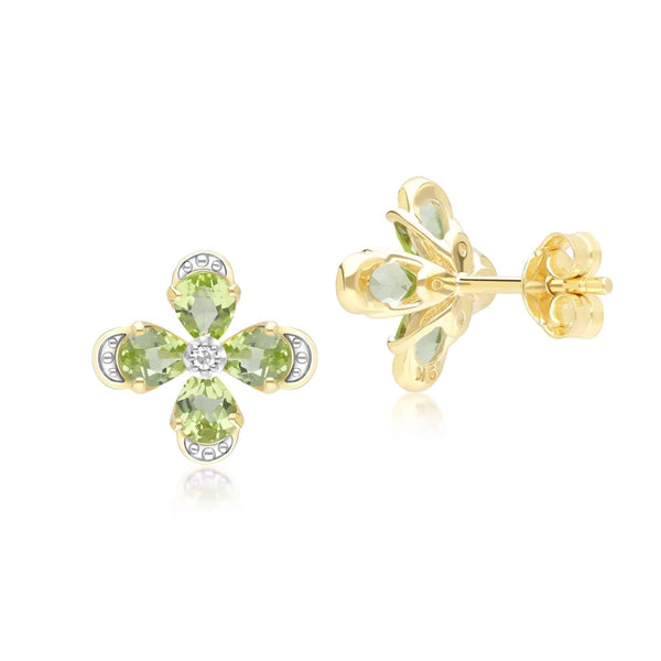 Gemondo Floral Peridot & Diamond Stud Earrings In 9ct Yellow Gold