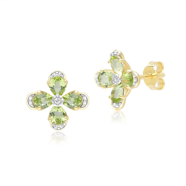 gemondo Floral Peridot & Diamond Stud Earrings in 9ct Yellow Gold