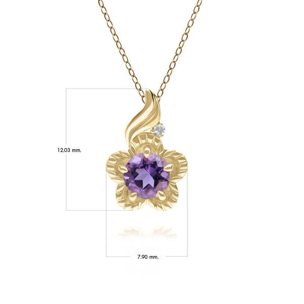 Gemondo Floral Round Amethyst & Diamond Pendant In 9ct Yellow Gold