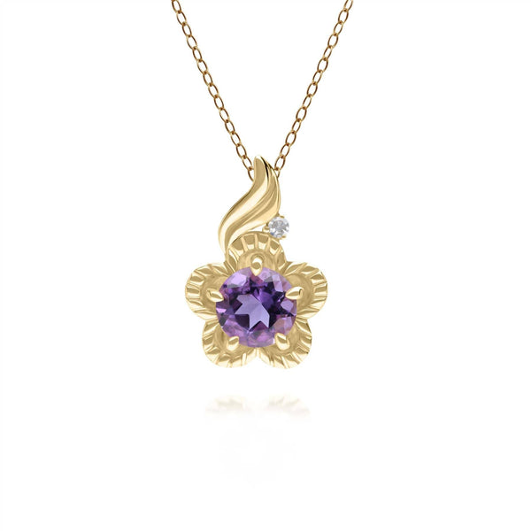 gemondo Floral Round Amethyst & Diamond Pendant in 9ct Yellow Gold
