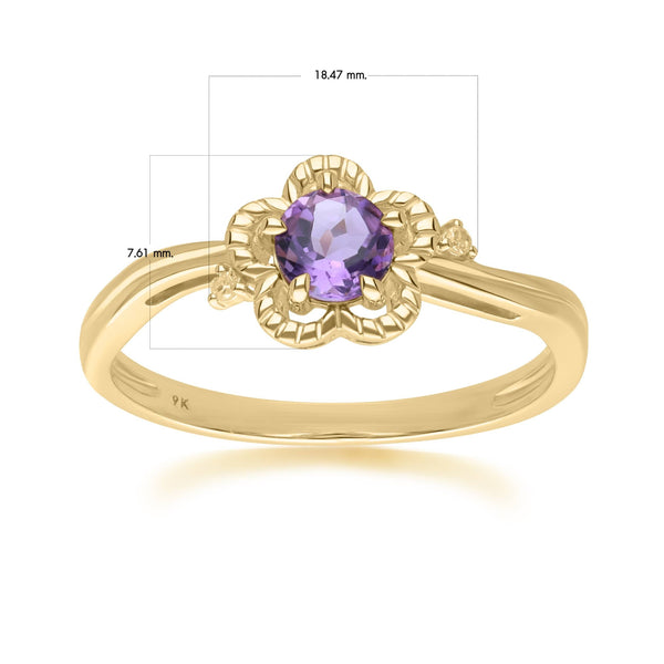 Gemondo Floral Round Amethyst & Diamond Ring In 9ct Yellow Gold