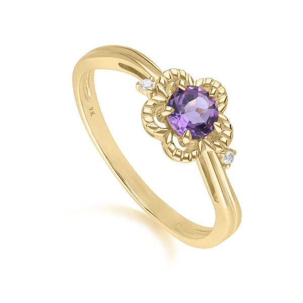 gemondo Floral Round Amethyst & Diamond Ring in 9ct Yellow Gold