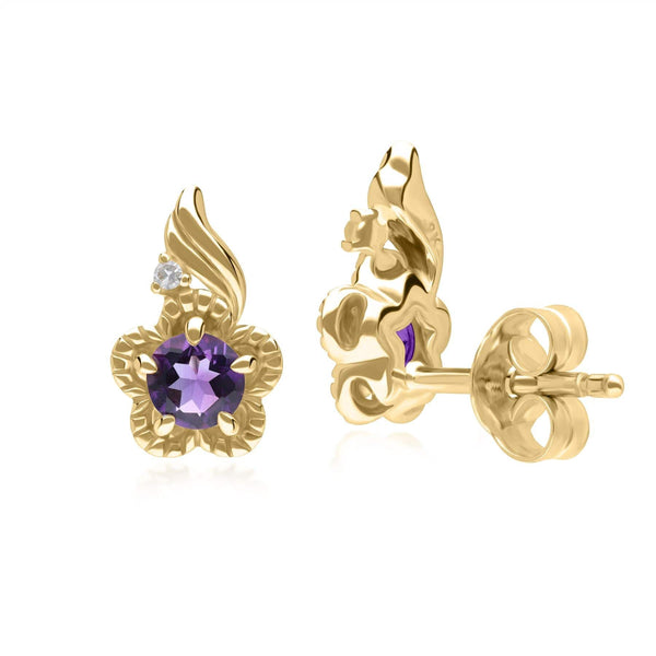 Gemondo Floral Round Amethyst & Diamond Stud Earrings In 9ct Yellow Gold