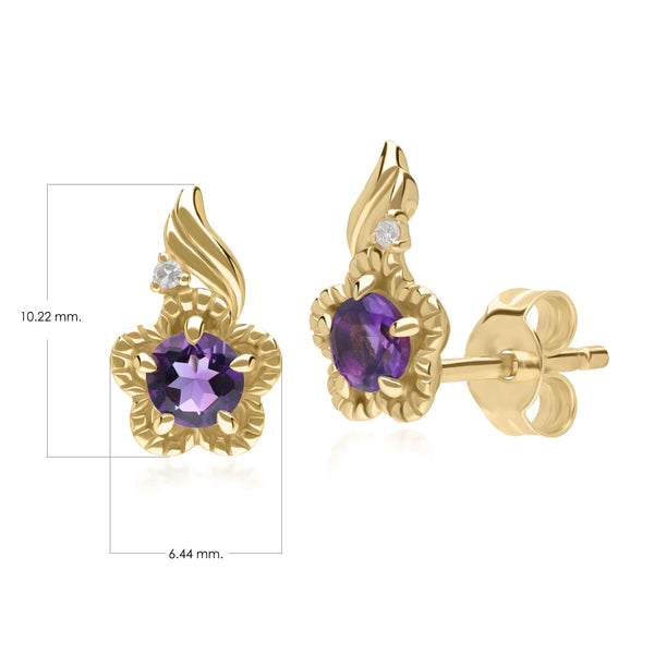 Gemondo Floral Round Amethyst & Diamond Stud Earrings In 9ct Yellow Gold