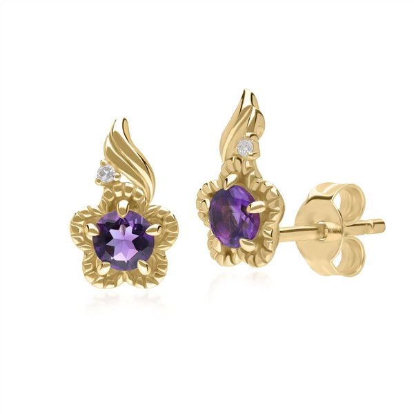 gemondo Floral Round Amethyst & Diamond Stud Earrings in 9ct Yellow Gold