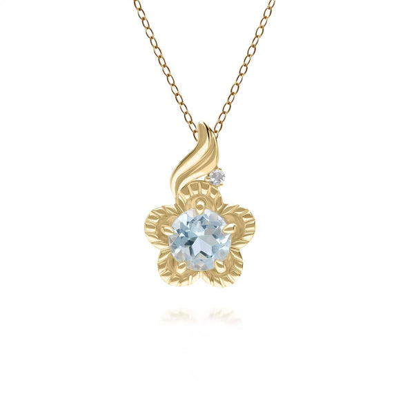 gemondo Floral Round Blue Topaz & Diamond Pendant in 9ct Yellow Gold